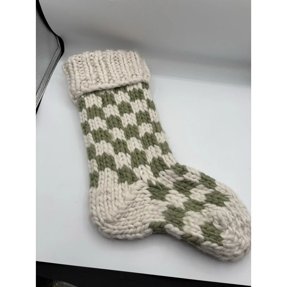 The Farmhouse‎ Hand knit Checkered Christmas Stocking Green Beige 22